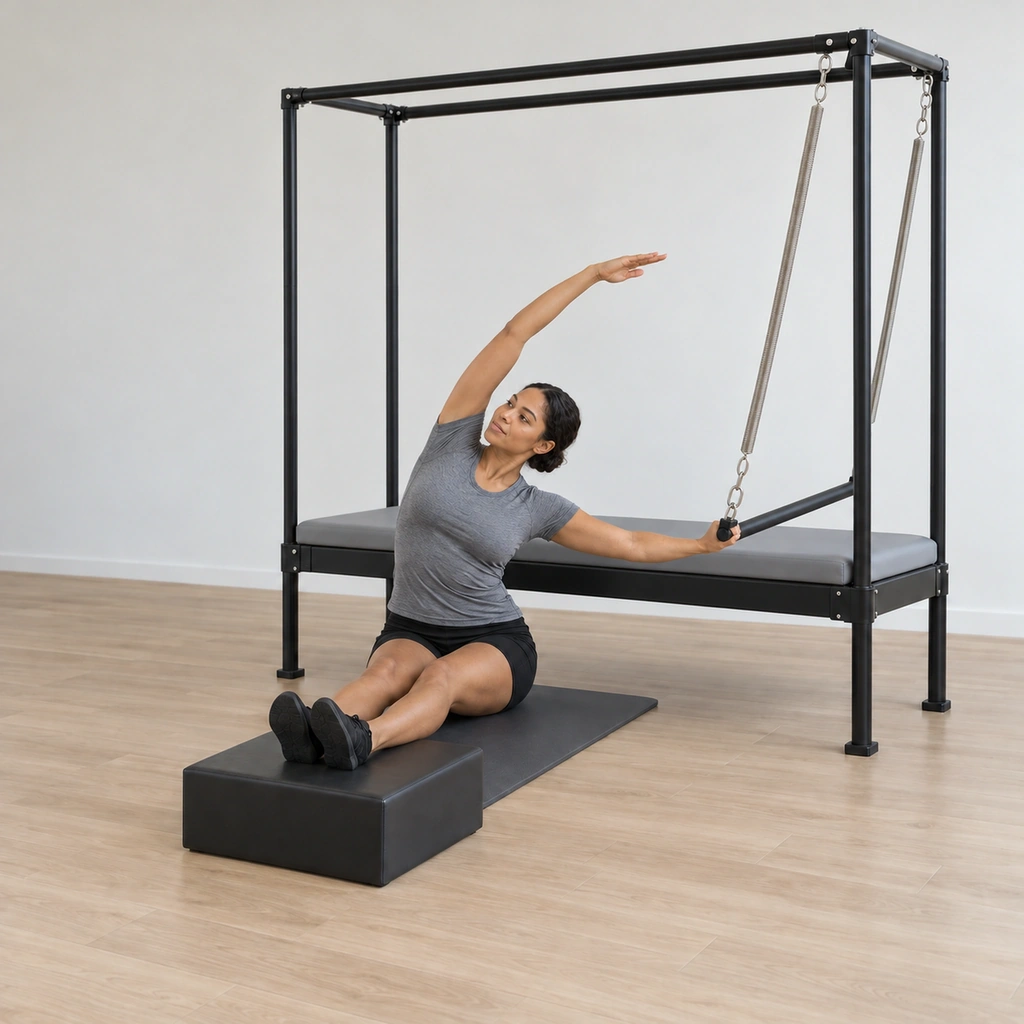 Her inside arm pulls the sprung bar down and reaches it away as her torso side bends up and over the bar, the outside arm arcing overhead, both hips staying even on the mat.