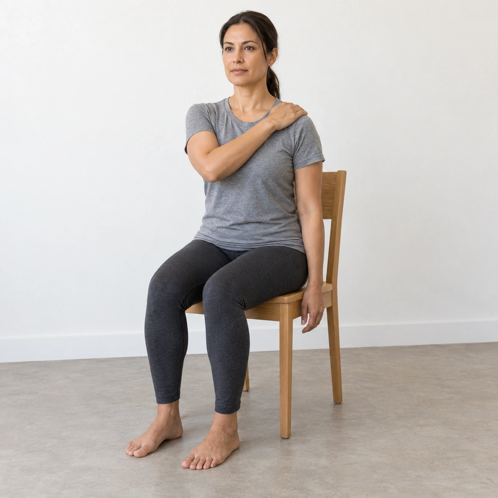 A woman sitting upright on a chair, her right hand resting flat on top of her left shoulder, her head level and facing forward.