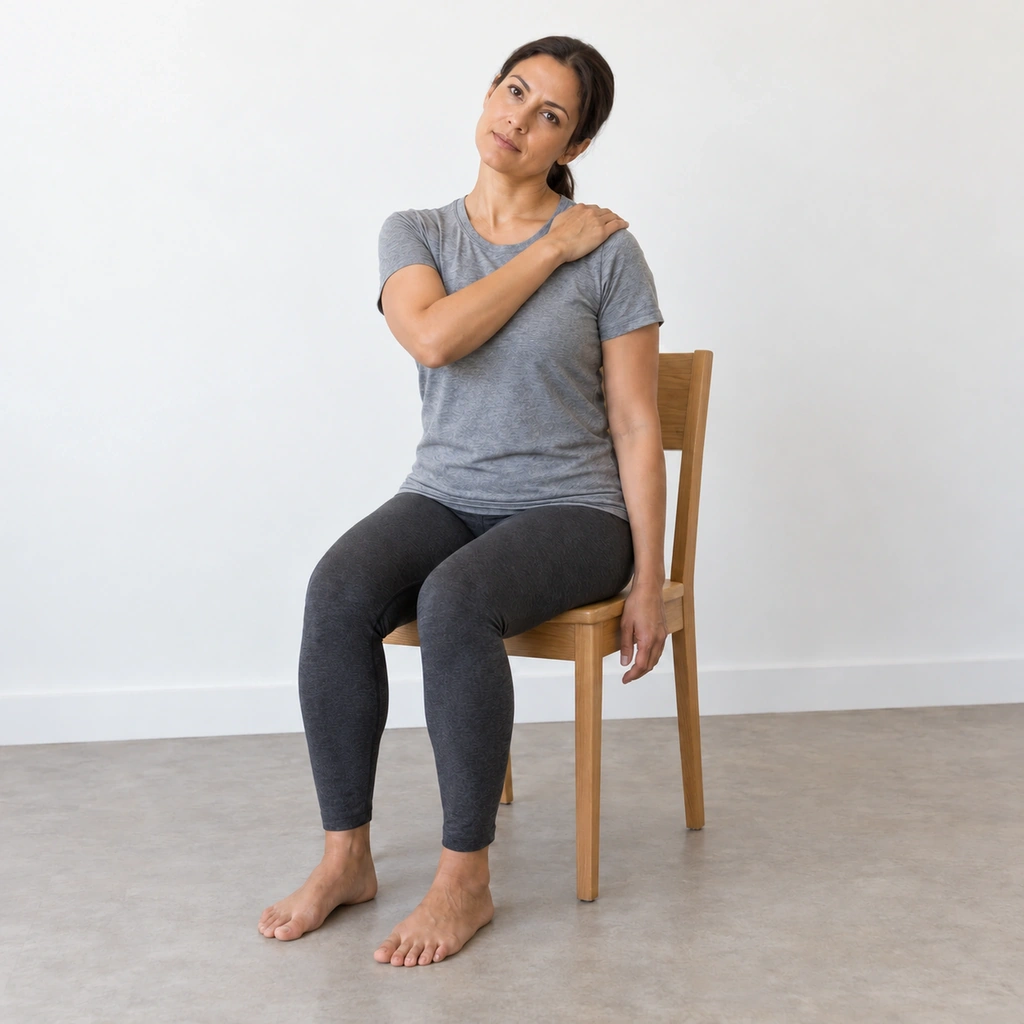 The same woman sitting upright, her right hand still pressing her left shoulder down, her head tilted to the right so her right ear moves toward her right shoulder.