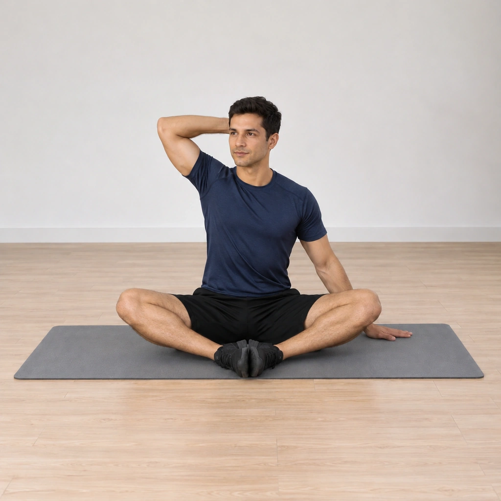 His left hand is planted on the mat beside his hip while his right hand rests behind his head, the right elbow opened out to the side.