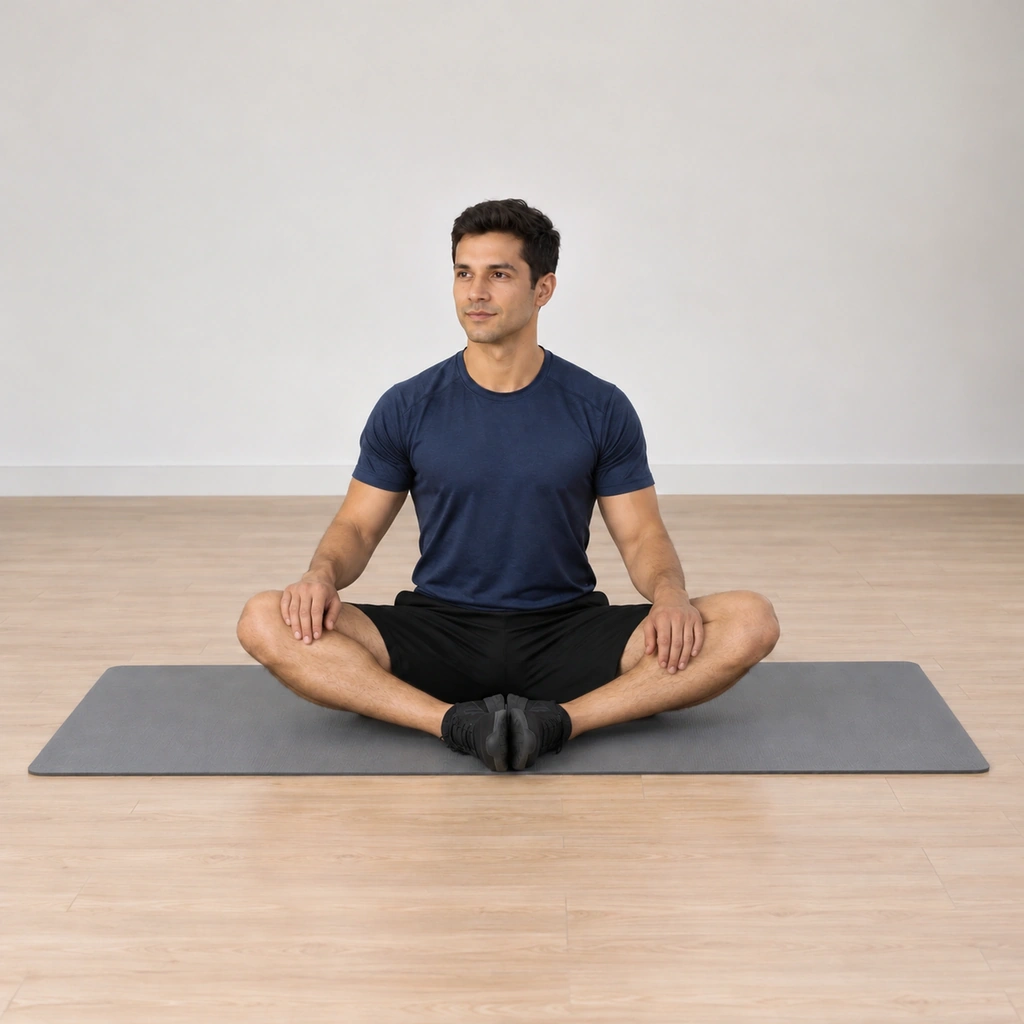 He has returned to upright on the mat, the soles still together and the arms relaxing back, the first-side hold complete.