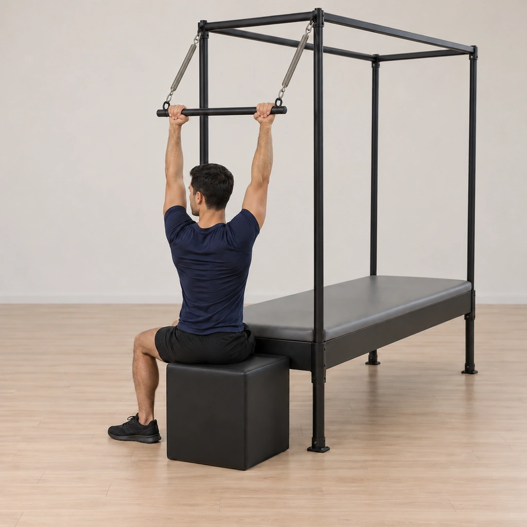 He flips his palms on the bar to the other grip and begins the next repetition, the spring held controlled, his torso tall.