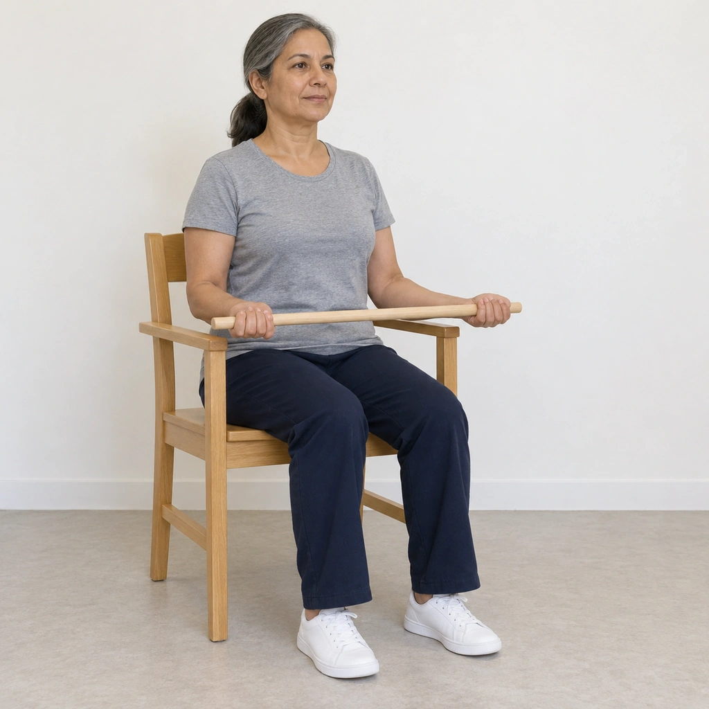 A woman sitting in a wooden armchair, both elbows bent and held clear of the arm rests at her sides, both hands gripping a horizontal stick centered in front of her body.
