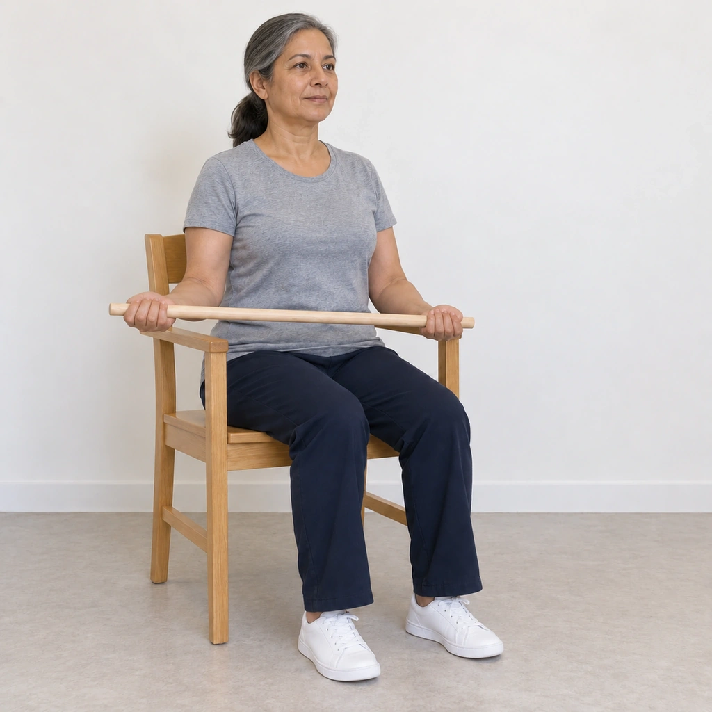The same woman still sitting, her right elbow still bent and at her side, the stick now angled with her right hand moved partway out to her right as her left hand pushes it.