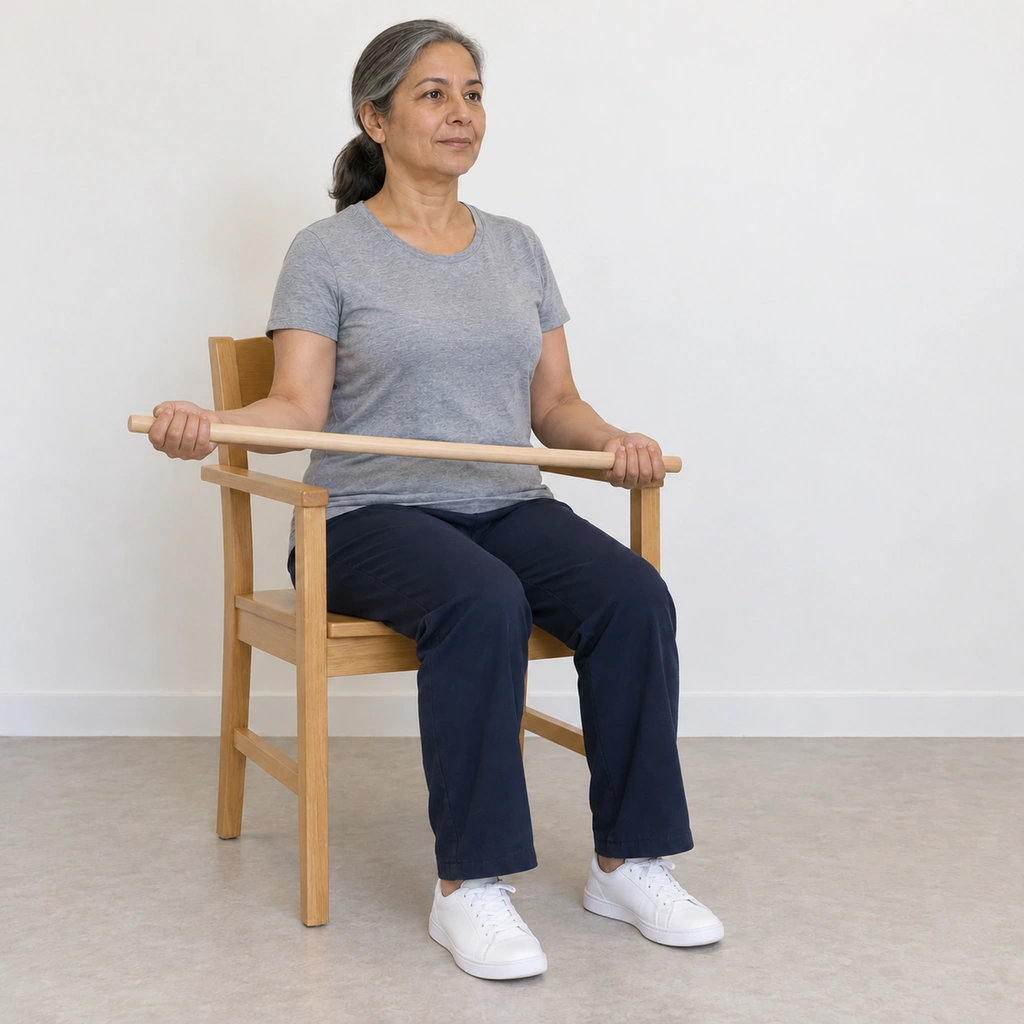 The same woman still sitting, her right elbow still at her side, the stick now angled further, her right hand held out to her right at the comfortable limit of the movement.