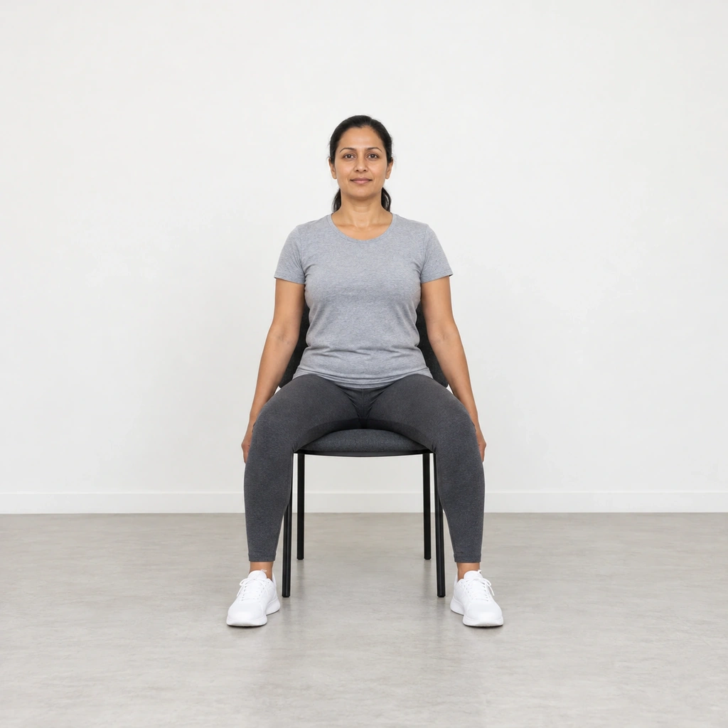 A woman sitting back in a chair with her knees spread apart and both arms hanging straight down at her sides.