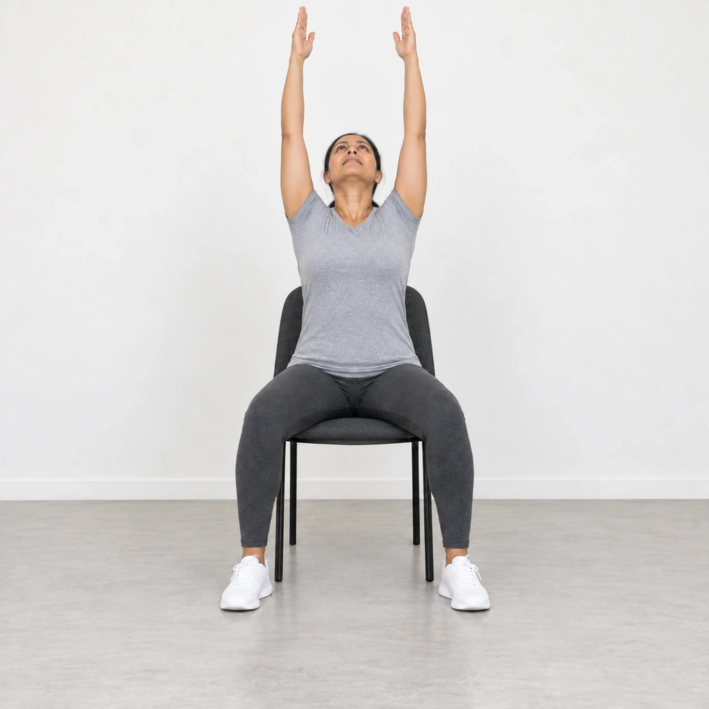 The same woman still sitting back in the chair, both straight arms swept up overhead and her head tipped back, looking up.