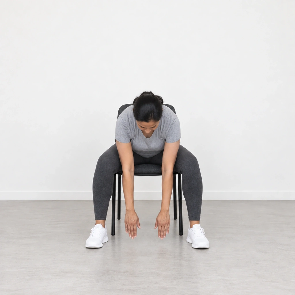 The same woman with her trunk folded forward between her open knees, both arms reaching down and her palms lowered toward the floor.