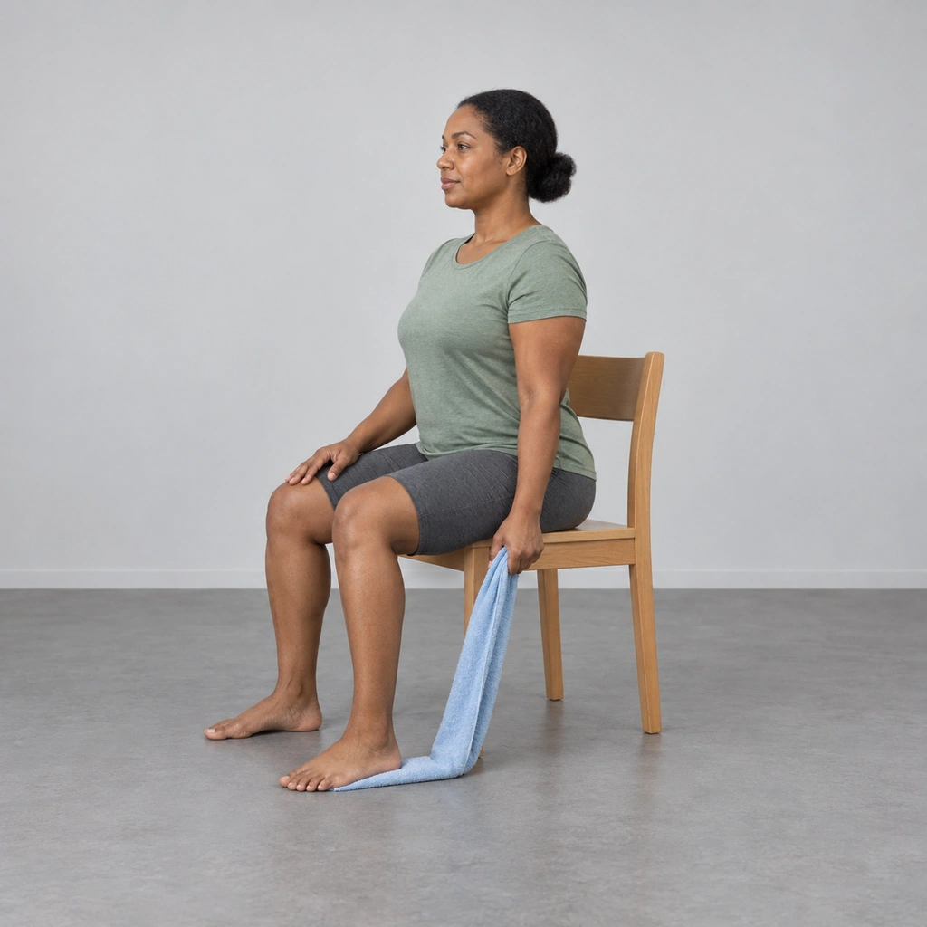 A woman sitting upright on a chair with a towel under her right foot and both towel ends in her right fist, her elbow at her side and her arm hanging down.