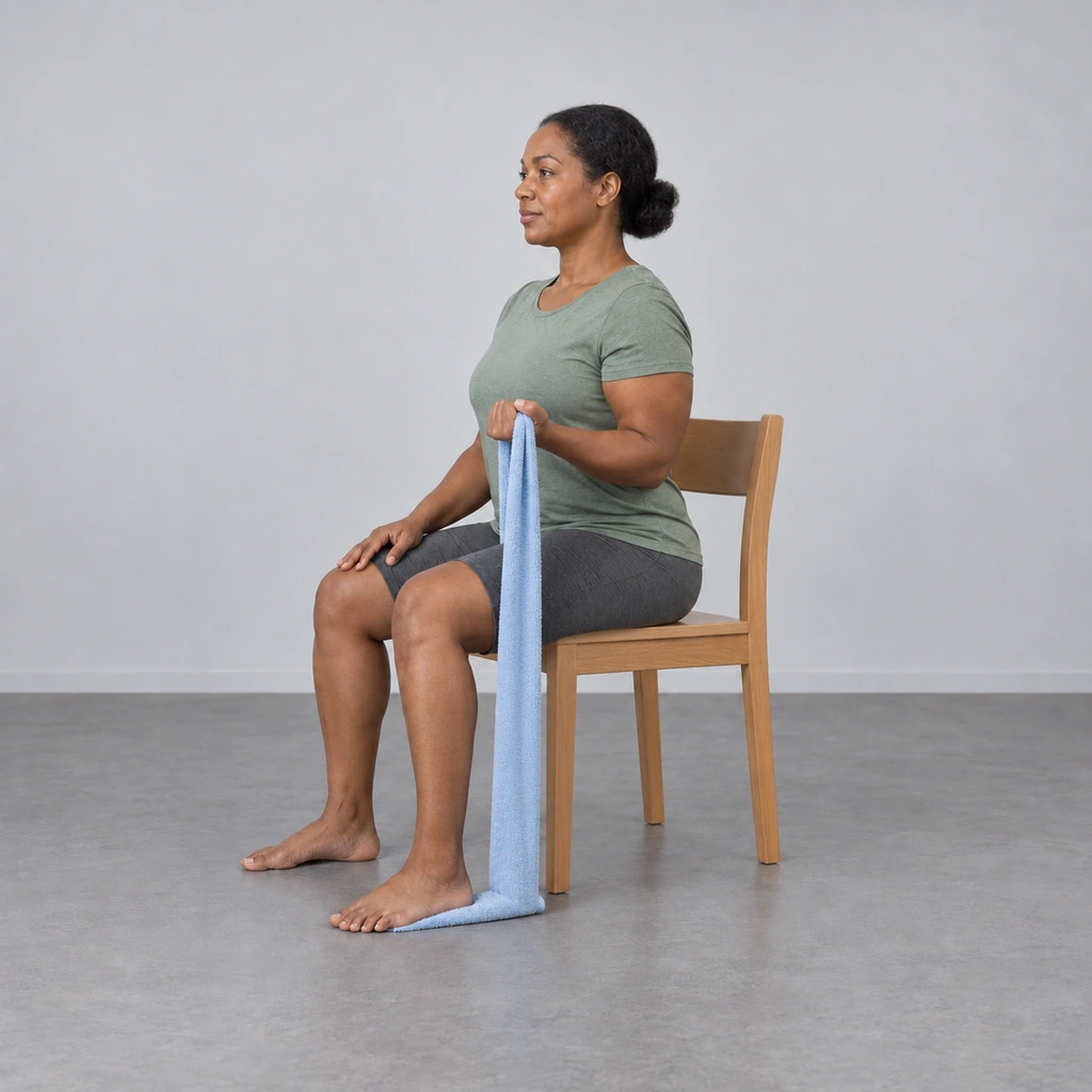The same woman with her right elbow bent to a right angle at her side, her forearm level and the towel straight down to her planted right foot.