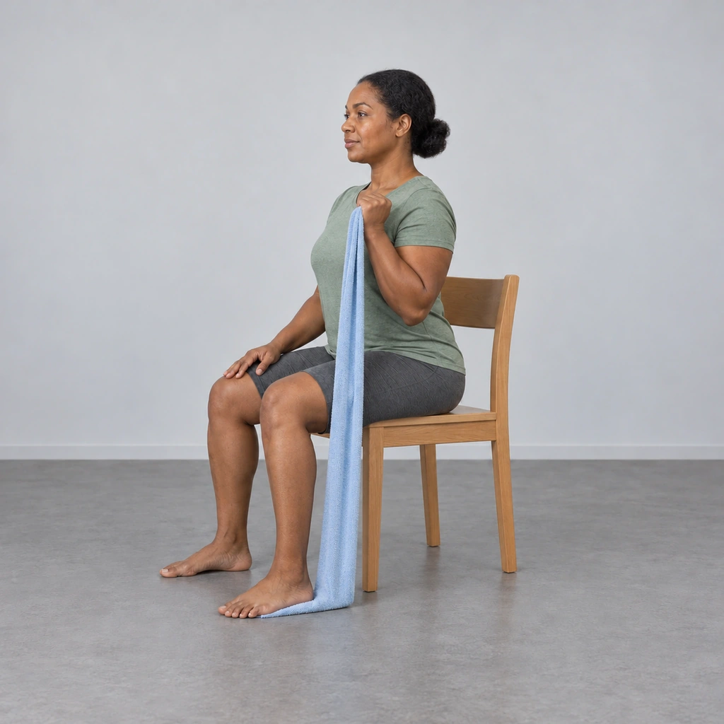 The same woman with her right elbow fully bent at her side, her fist just in front of her right shoulder and the towel straight down to her planted right foot.