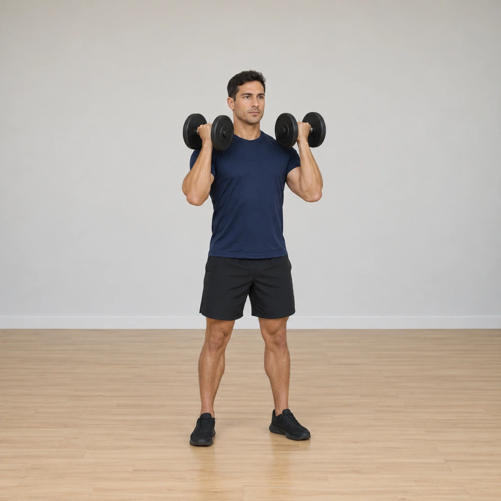 He stands tall holding a dumbbell at each shoulder, palms facing him, elbows tucked under the bells.