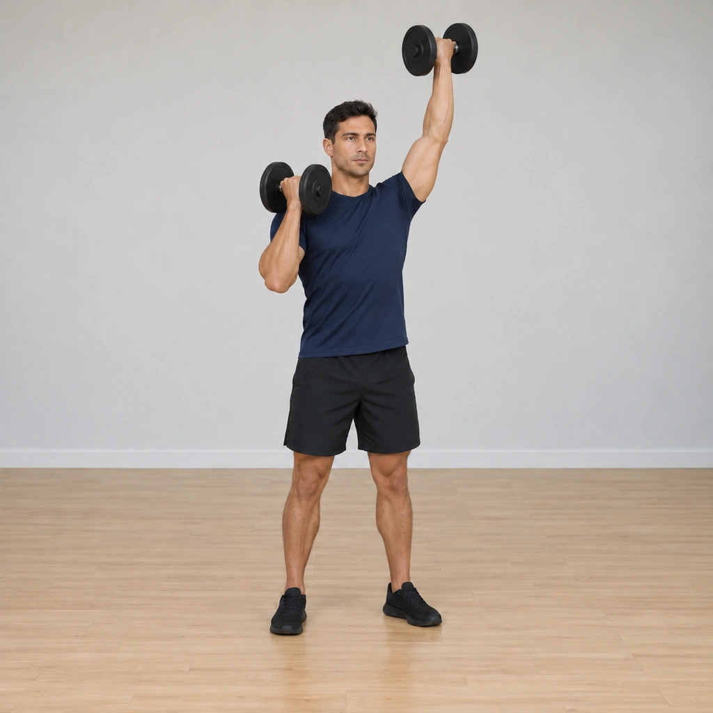 He presses the left dumbbell overhead, wrist rotating so the palm faces forward at extension, while the right bell stays at the shoulder.