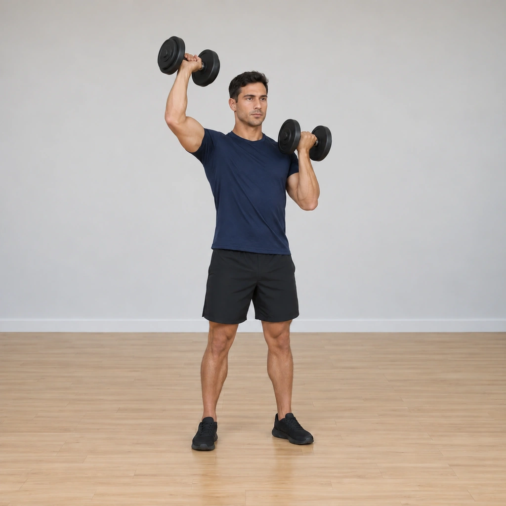 He lowers the left dumbbell toward the shoulder while the right presses upward, both arms mid-flight in the opposite-phase exchange.