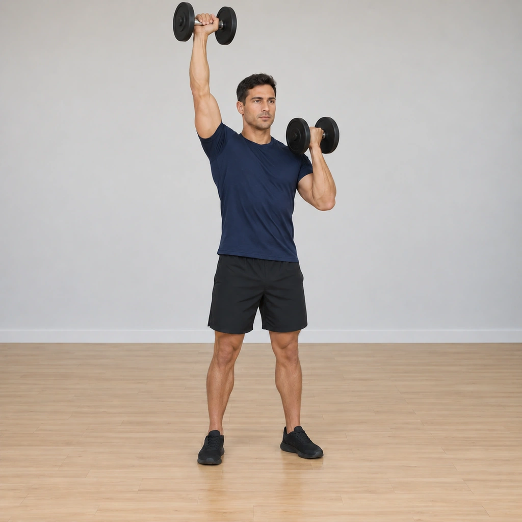 He finishes with the right dumbbell pressed overhead, palm forward, and the left bell resting back at his shoulder.