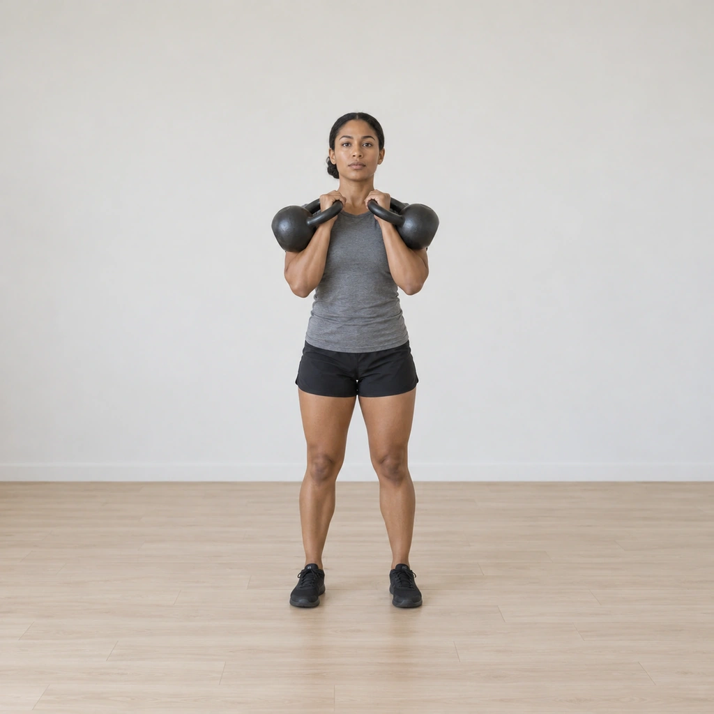 She stands tall with both kettlebells racked against the front of her chest, elbows tucked down, forearms near vertical.