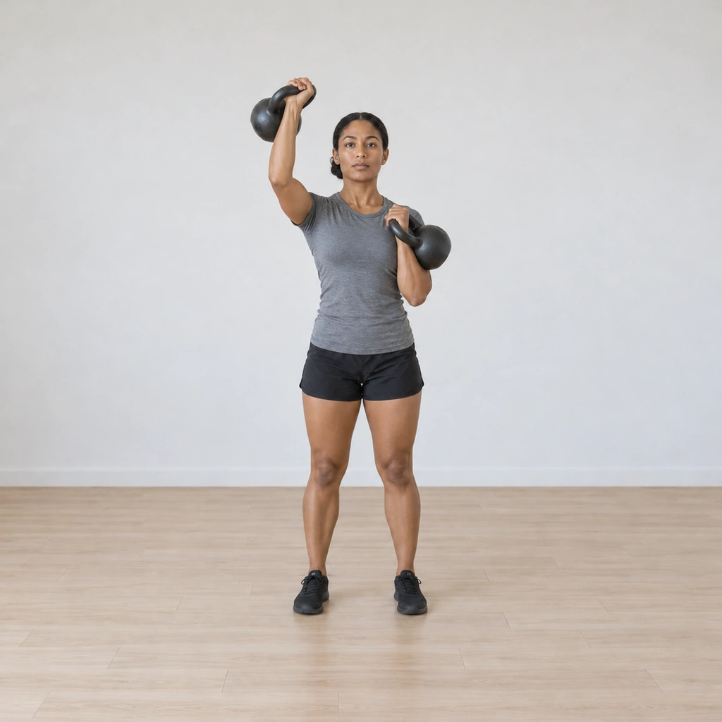 Her right arm drives its kettlebell upward past her head height while her left bell begins lowering from the rack, both in motion.