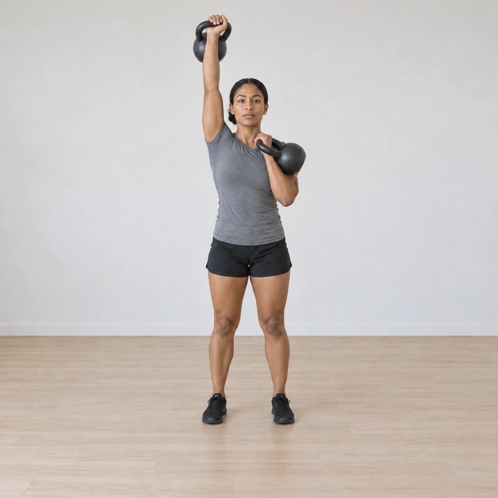 Her right arm is fully extended overhead with its bell while her left bell has settled back into the front rack, the pattern ready to reverse.