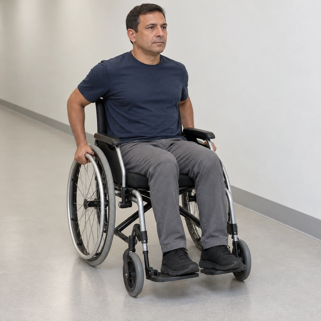 Man seated in a manual wheelchair reaching back to take hold of both handrims.