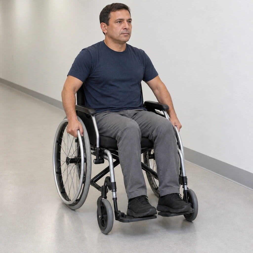 Man in a manual wheelchair pushing both handrims forward, his back against the backrest.