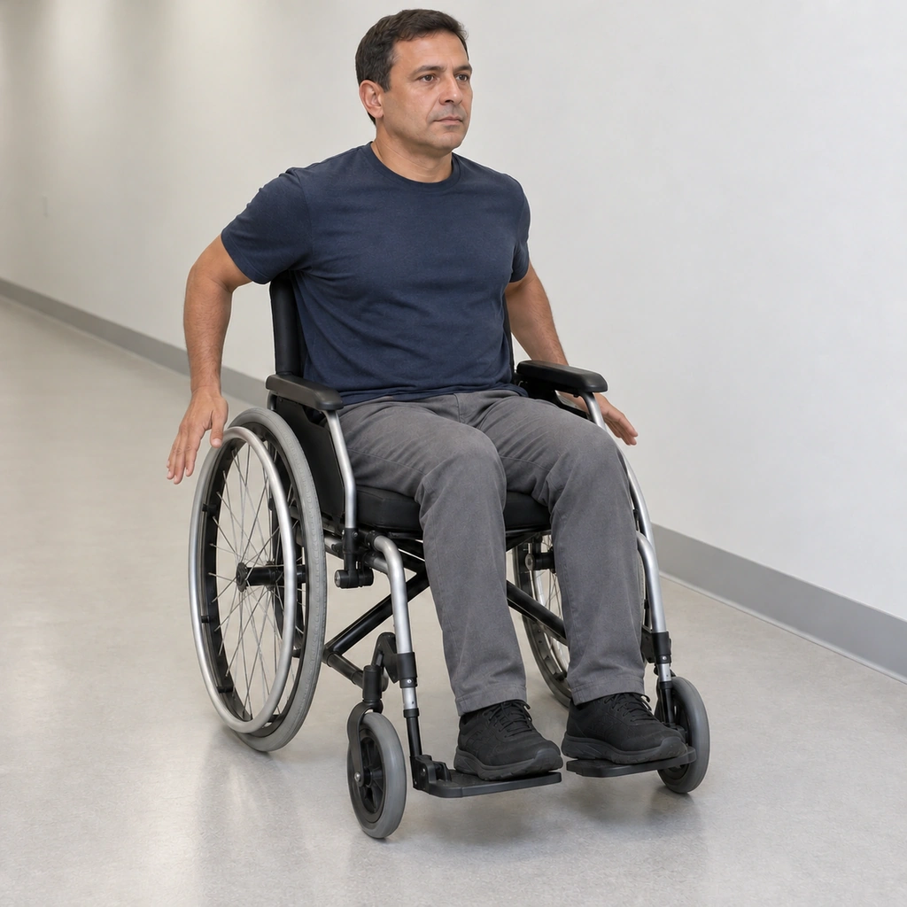 Man in a manual wheelchair with both hands open, letting the handrims slide as the chair rolls forward.