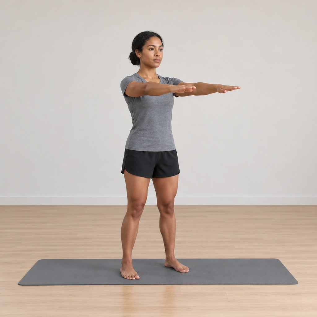 She stands in the fixed stance on the mat, both arms lifted in front to shoulder level with the palms turned down, the body tall.