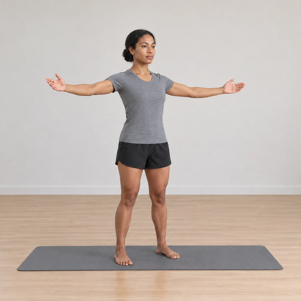 She is standing tall with both arms opened fully out to the sides at shoulder level, the palms facing forward where they turned from facing each other, the chest line spread.