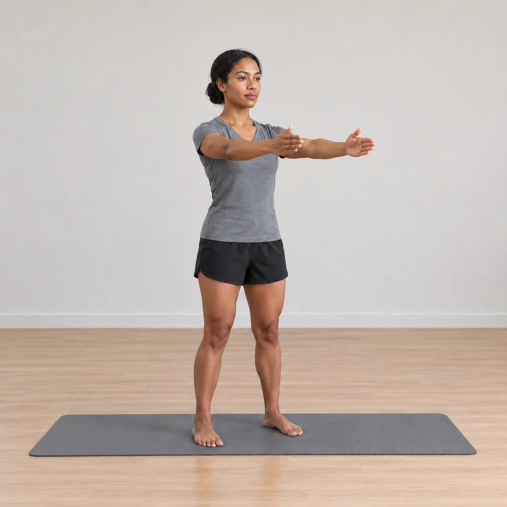 She is holding the stance with both hands drawn back in front of her chest at shoulder-width apart, palms facing, the elbows soft.