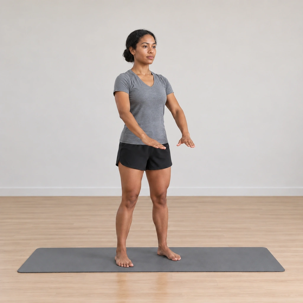 She is settled into slightly bent knees on the mat, her arms lowered back alongside her thighs, palms having turned forward through the descent, the torso softly upright.