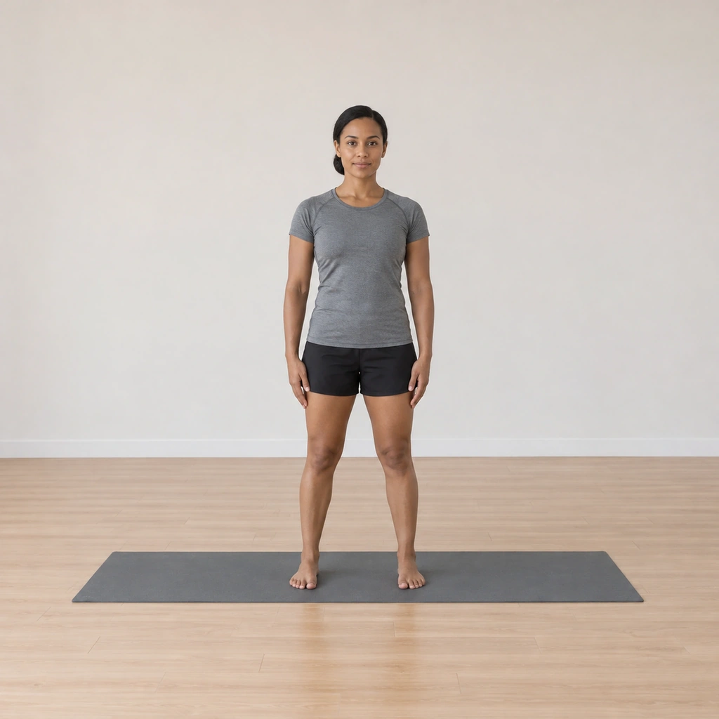 She stands on the mat tall and even, feet under her, arms resting at the sides.