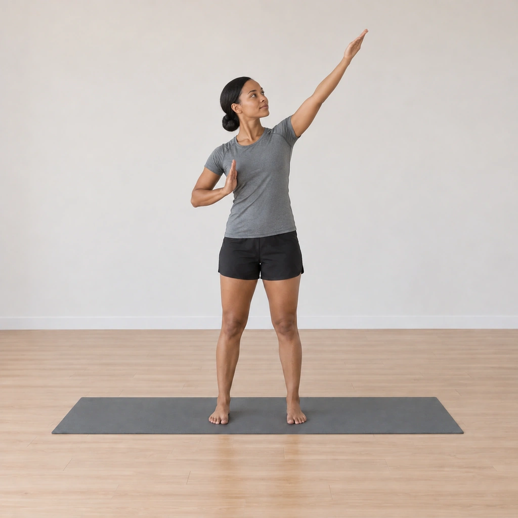 She is risen tall with her waist turned left, her left arm extended at a forty-five-degree angle upward and toward her back, her head looking up at the left hand, her right palm turned to face her left armpit.