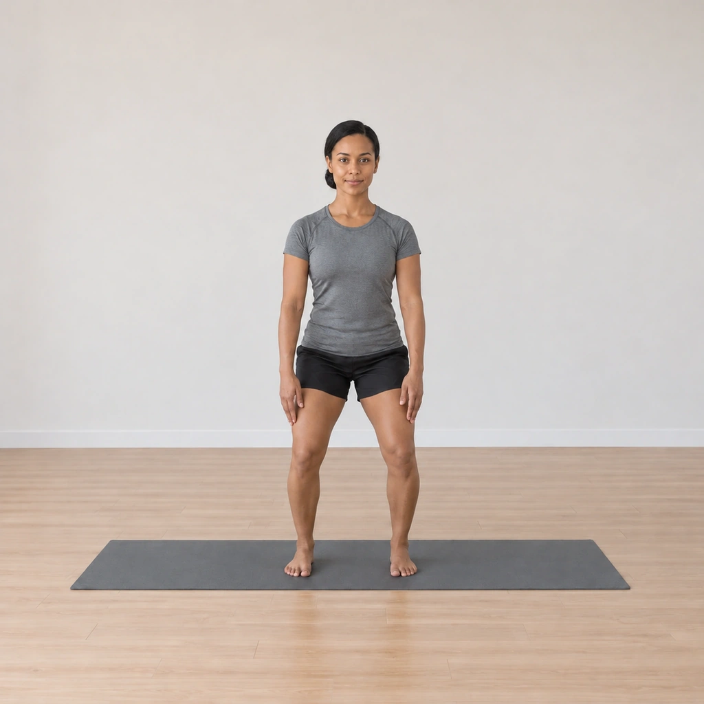 She is centred on the mat with slightly bent knees, both arms lowered down and forward in line with her thighs, the palms facing each other hip-width apart.