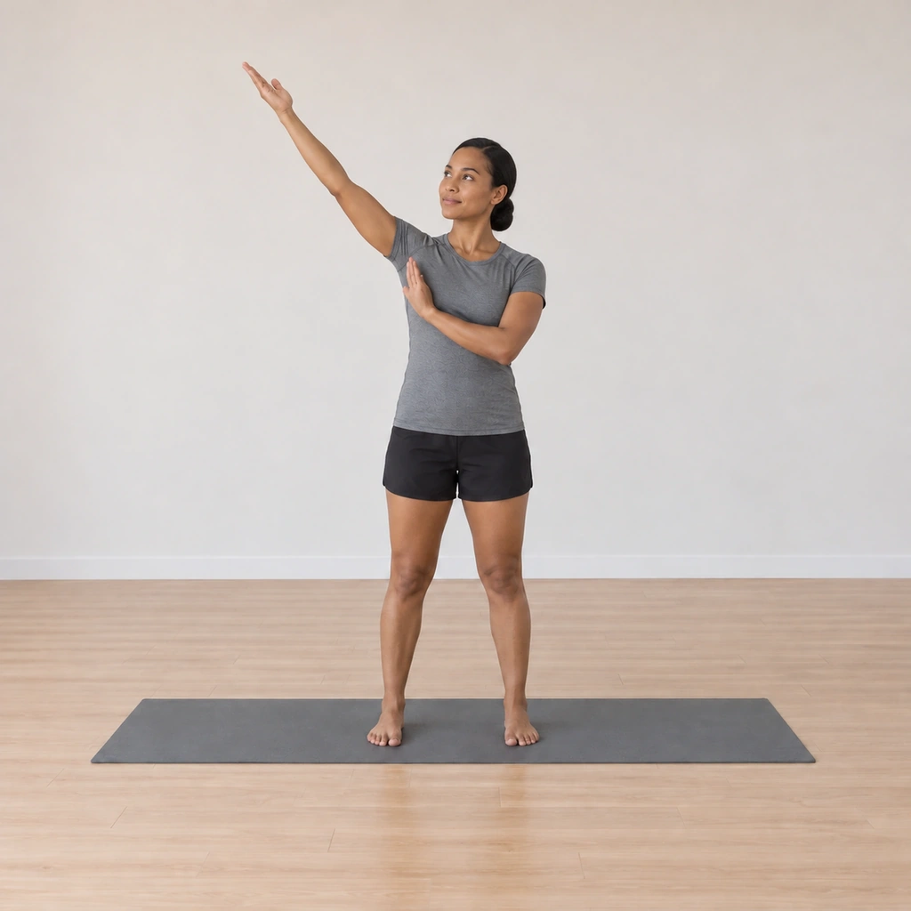 She is risen tall with her waist turned right, her right arm extended at a forty-five-degree angle upward and toward her back, her head looking up at the right hand, her left palm turned to face her right armpit.