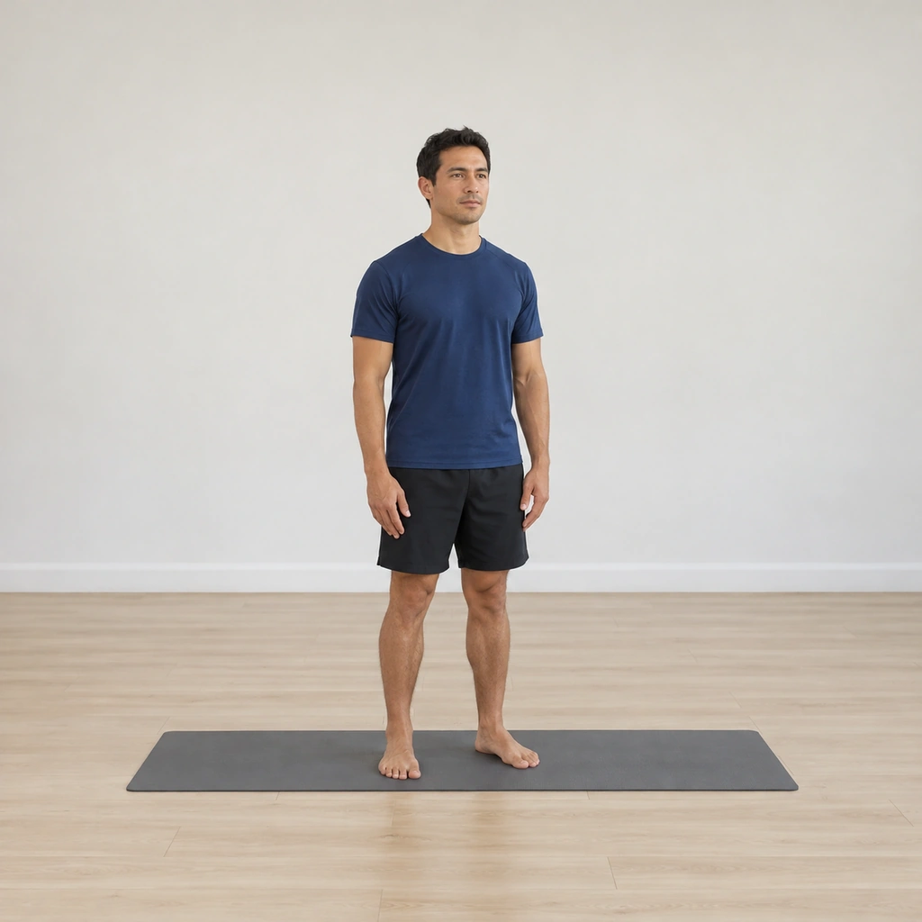 He stands on the mat tall and even, feet under him, arms resting at the sides.