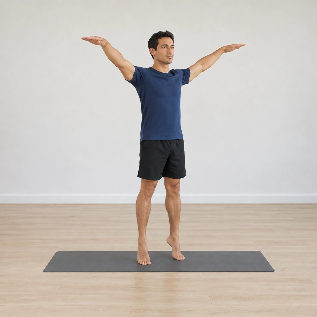He is risen onto the balls of both feet with both heels lifted, both arms risen out to his sides at head level, the palms facing down and the elbows slightly bent.