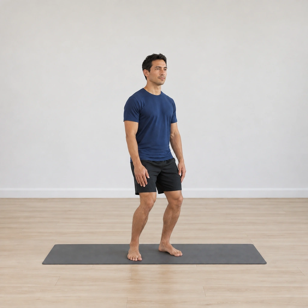 He is lowered back onto flat feet with the knees slightly bent, both arms returned to the front of his thighs, the palms facing each other.