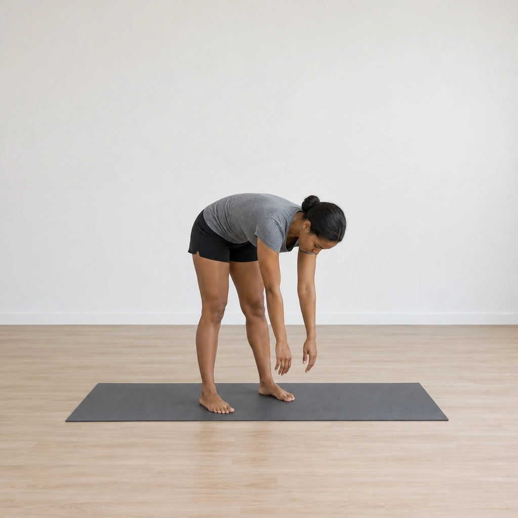 She is bent forward at the waist on the mat, her arms hanging in front with the palms facing each other, the knees soft.