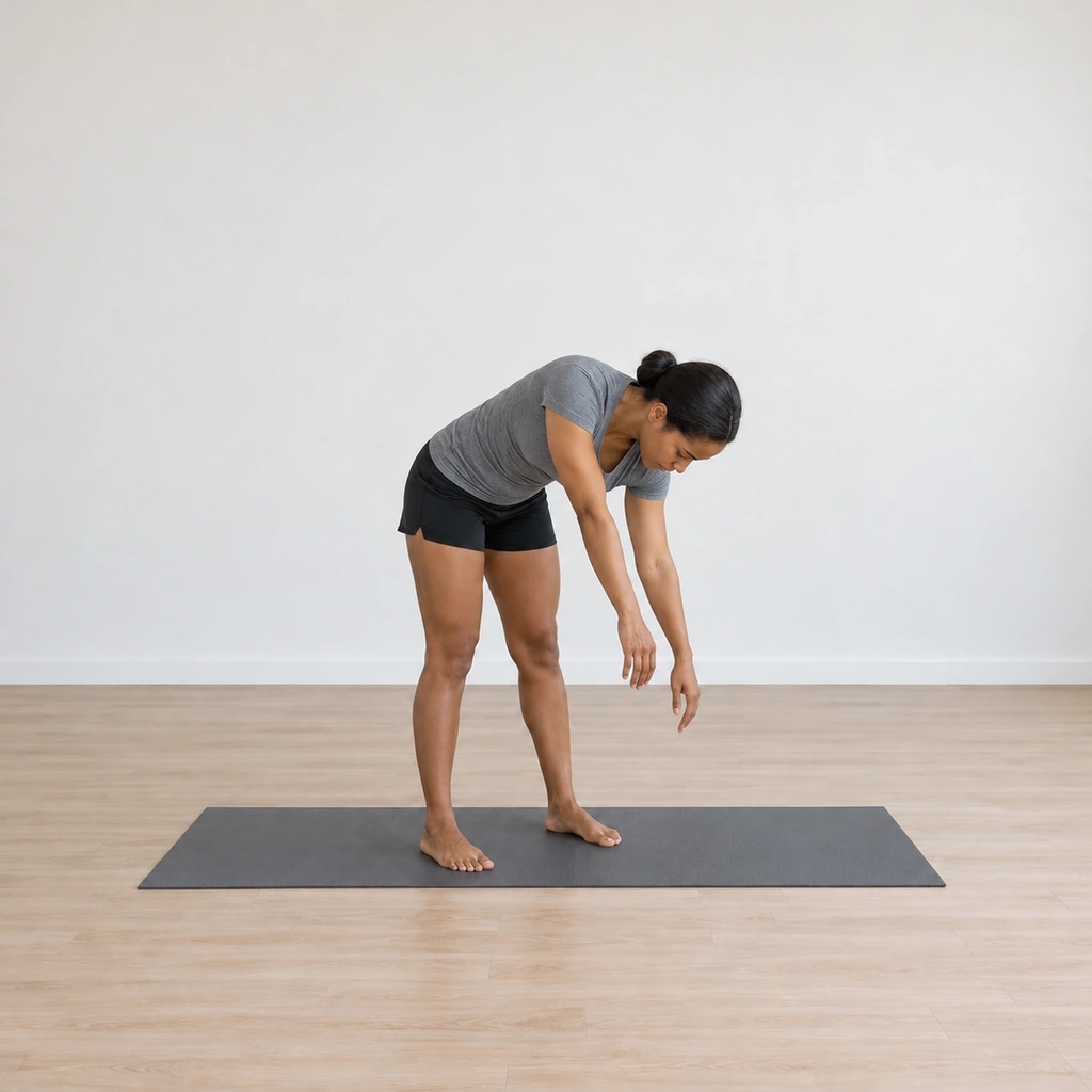 She is twisting down through her right side back toward the forward bend, both arms lowering with the body toward the right, the palms facing.