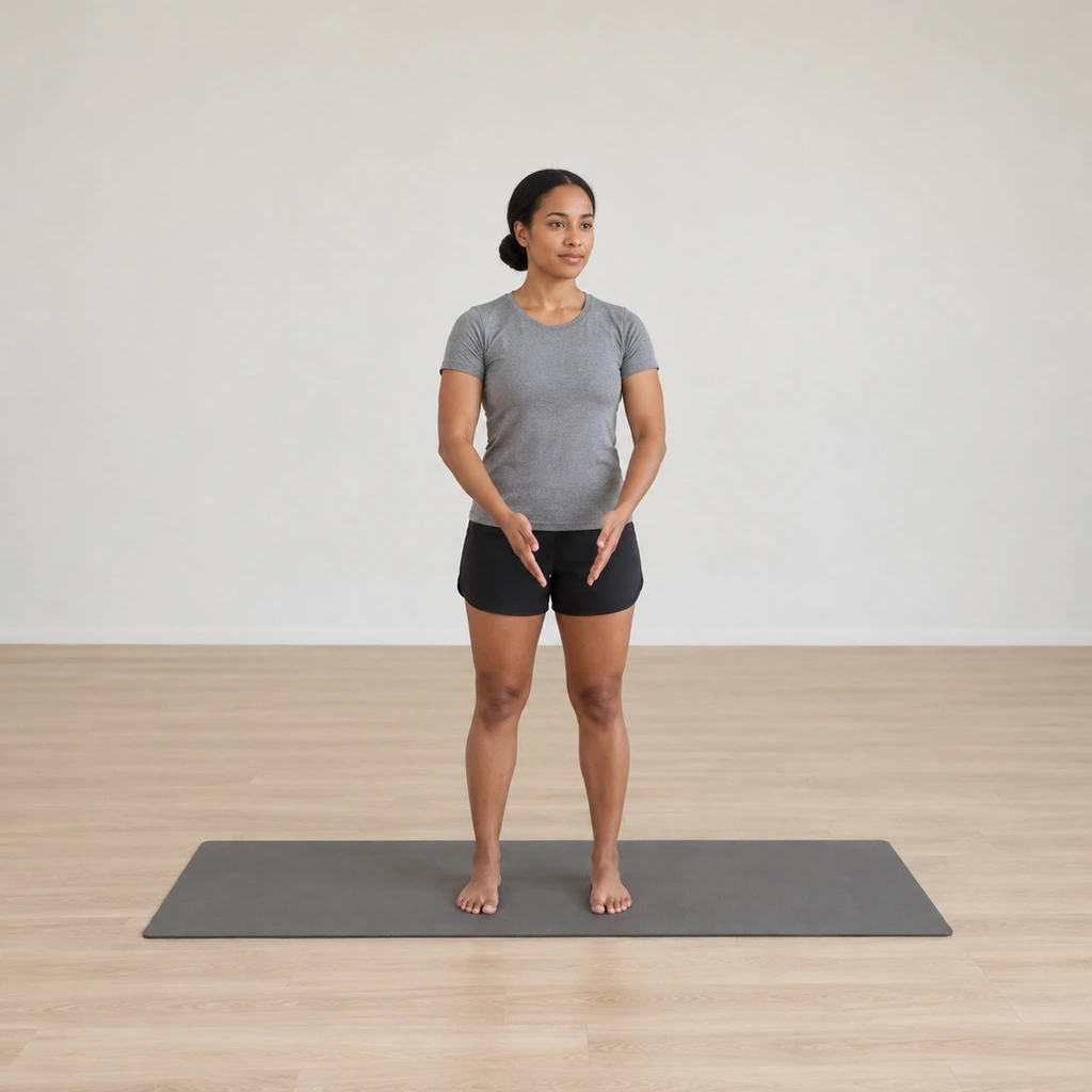 She stands tall on the mat, both arms drawn slightly inward in front of her with the elbows softly bent, the palms facing her body.