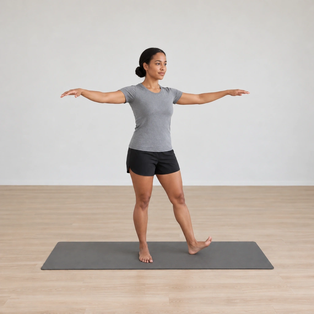 She is opened with both arms out to her sides, her weight transferred onto her right foot, her left toes lifted so only the left heel stays on the mat.