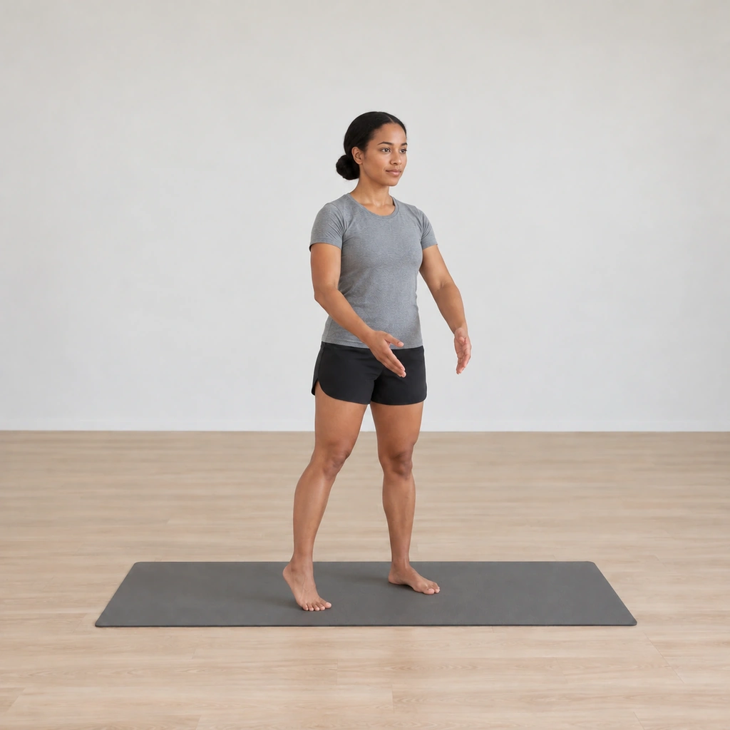 She is closing both arms in front of her to shoulder-width apart, her weight transferred onto her left foot, her right heel lifted off the mat.