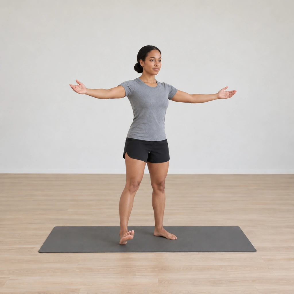 She is opened with both arms out to her sides again, her weight transferred onto her left foot, her right toes lifted so only the right heel stays on the mat.