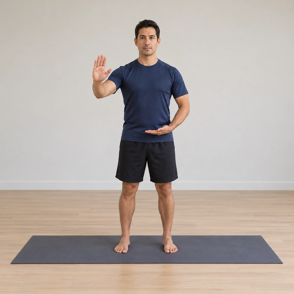 He stands on the mat with his left hand held palm-up at his left waist and his right hand held in front of his right shoulder, the torso tall.
