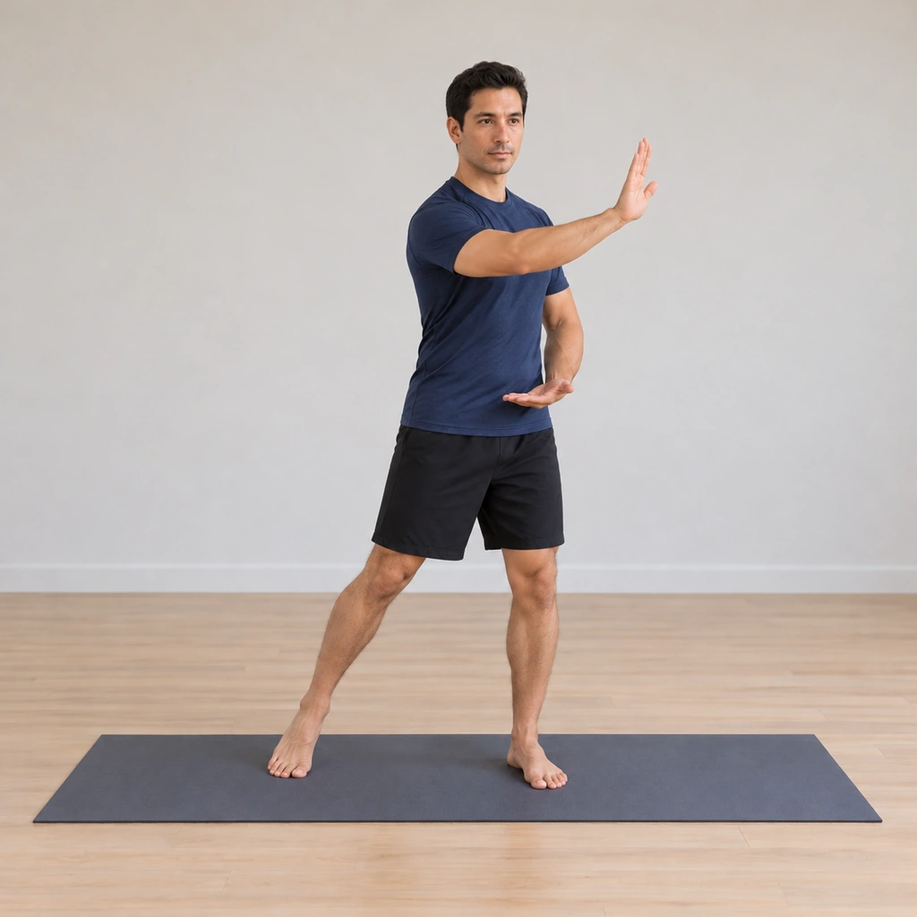 He is turned at the waist to his left, his right palm pushed forward and across to the left at a forty-five-degree angle up to chest level, his weight shifted about seventy percent onto his left leg.