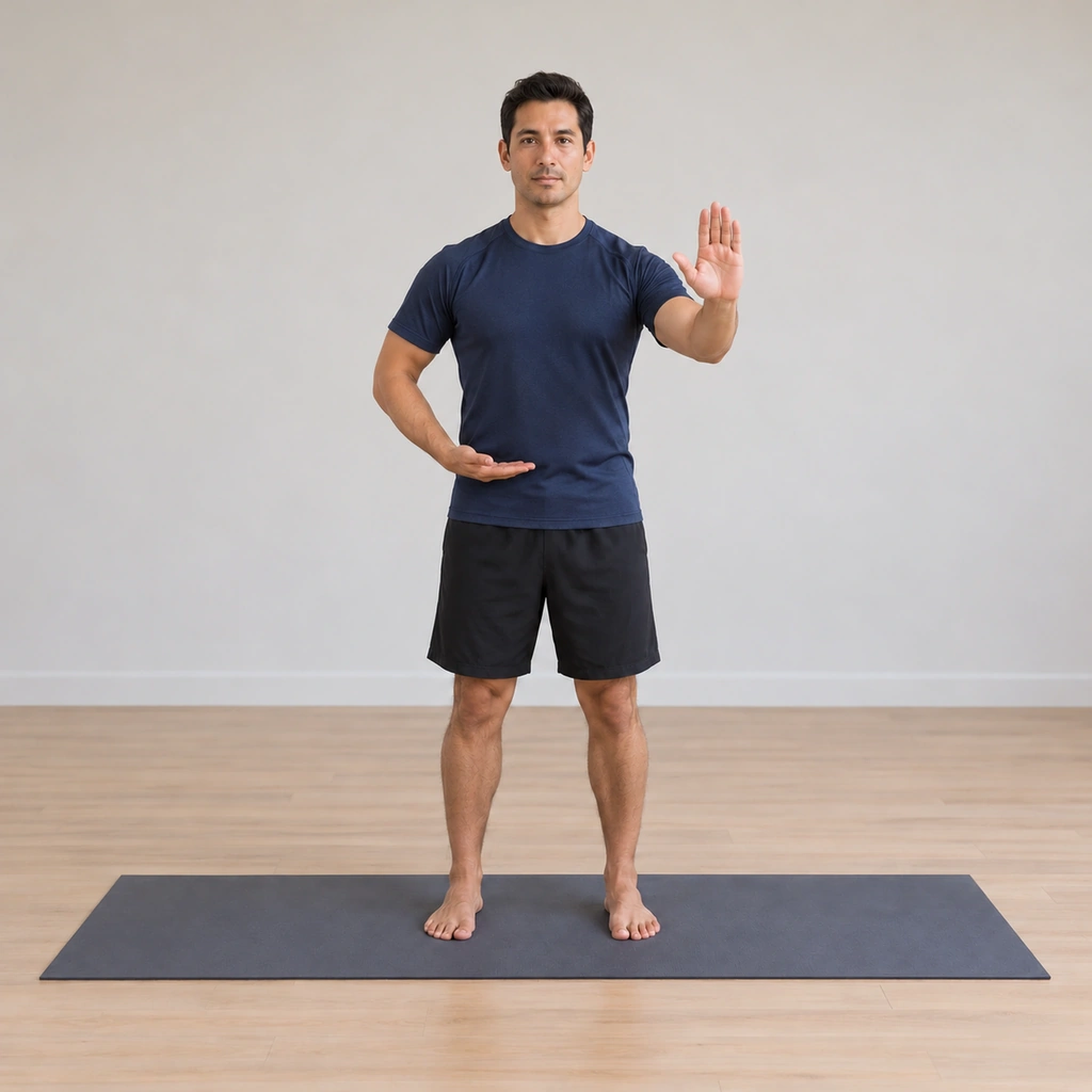 He is centred on the mat, his right palm turned up and drawn back to rest at his right waist, the weight re-levelled.