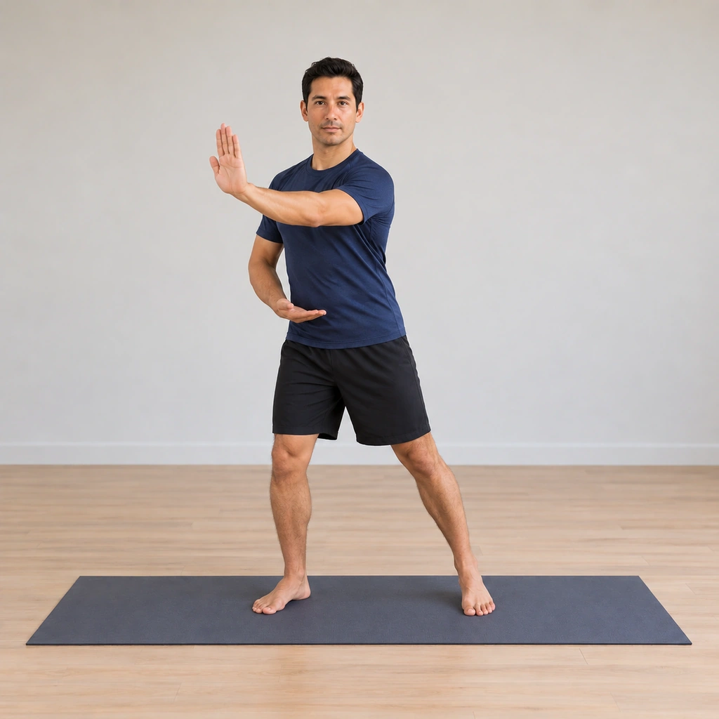 He is turned at the waist to his right, his left palm pushed forward and across to the right at a forty-five-degree angle up to chest level, his weight shifted about seventy percent onto his right leg.
