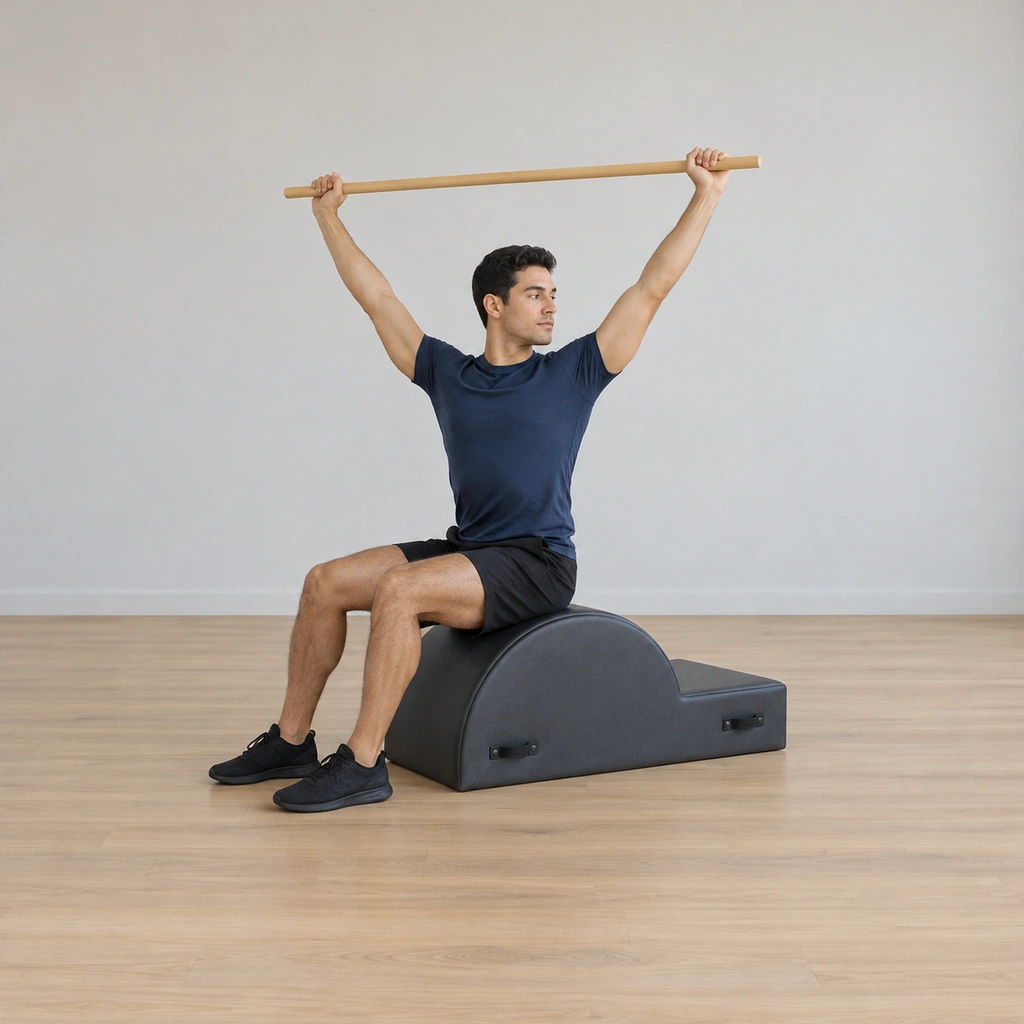 A man sits tall on the corrector apex, feet planted a fist-distance apart pressing down, a long pole held overhead in wide straight arms slightly forward of his ears.