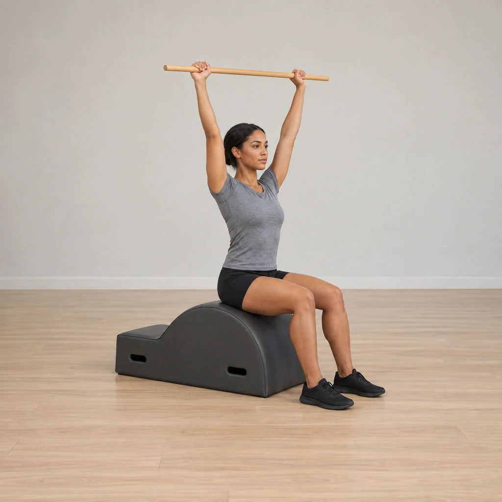 A woman sits tall on the spine corrector apex, feet on the floor, a long dowel held overhead in straight arms just in front of her ears.