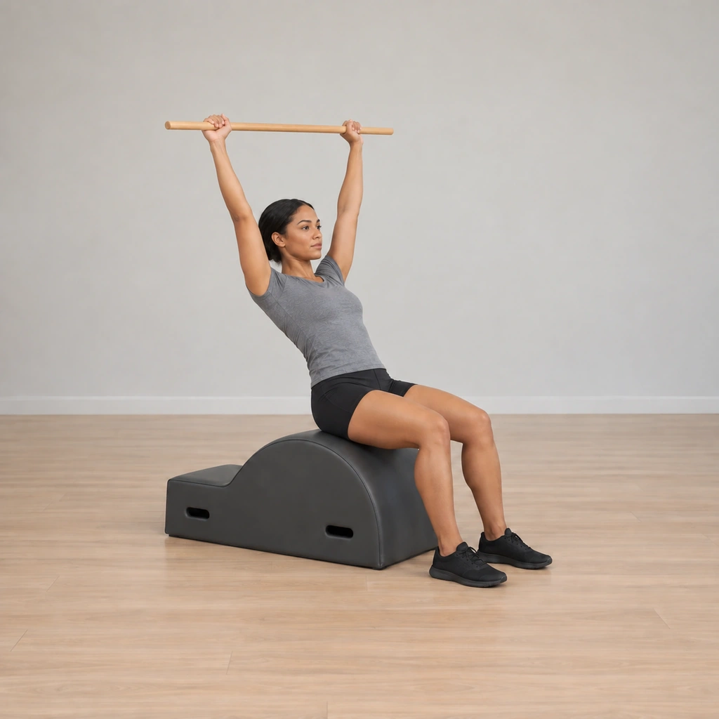 She has begun to hinge - reaching down through her legs as her center lifts, the spine still long and the dowel overhead.