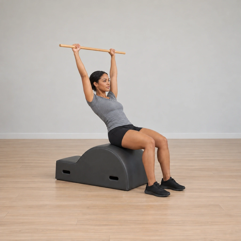 She is leaned back in a flat hinge - spine straight as a board, the dowel still overhead, the front of her hips open.